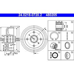 24.0218-0724.2 ATE 480206 Tambour de frein avec roulement de roue, sans