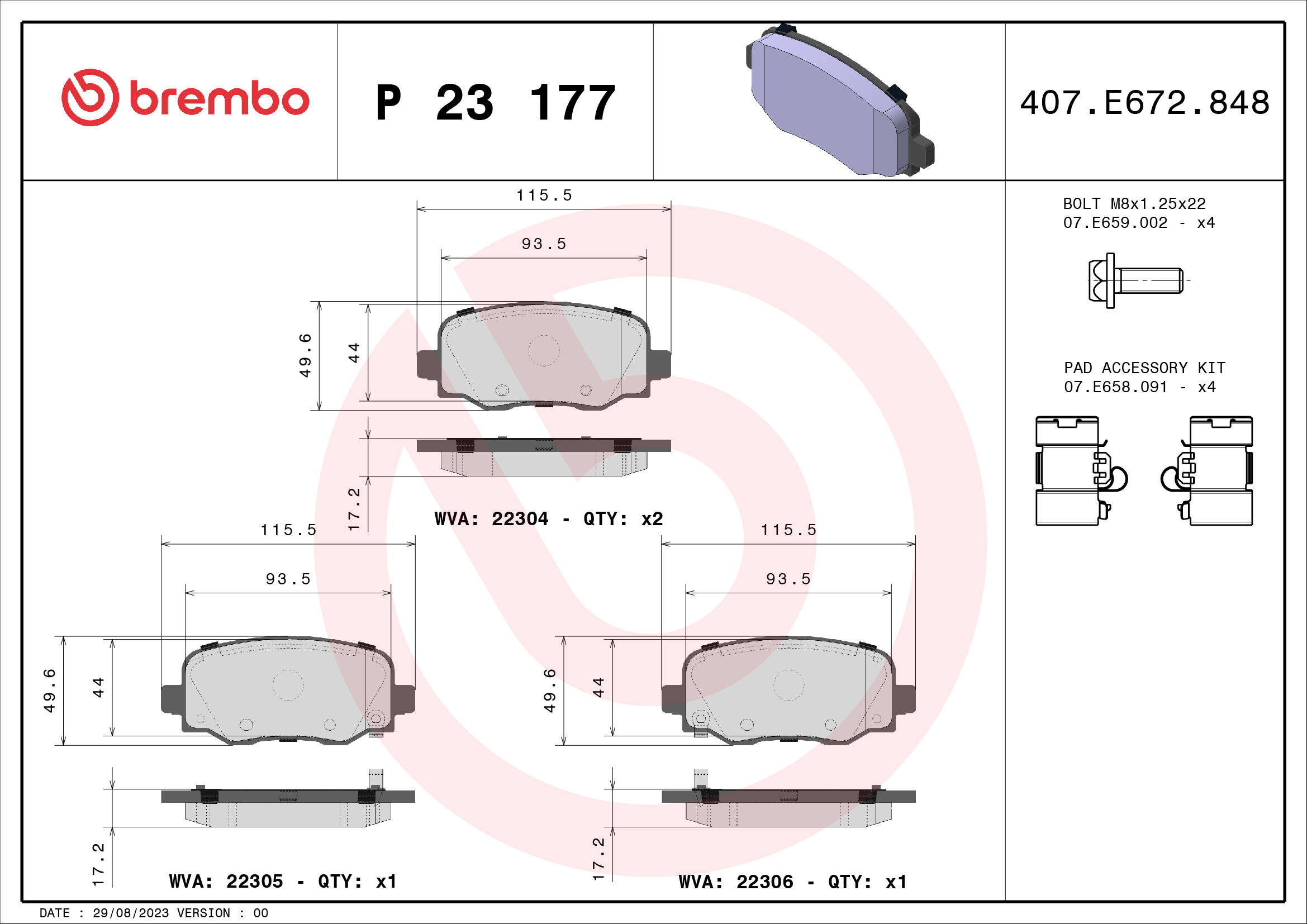 Rear brake pad set