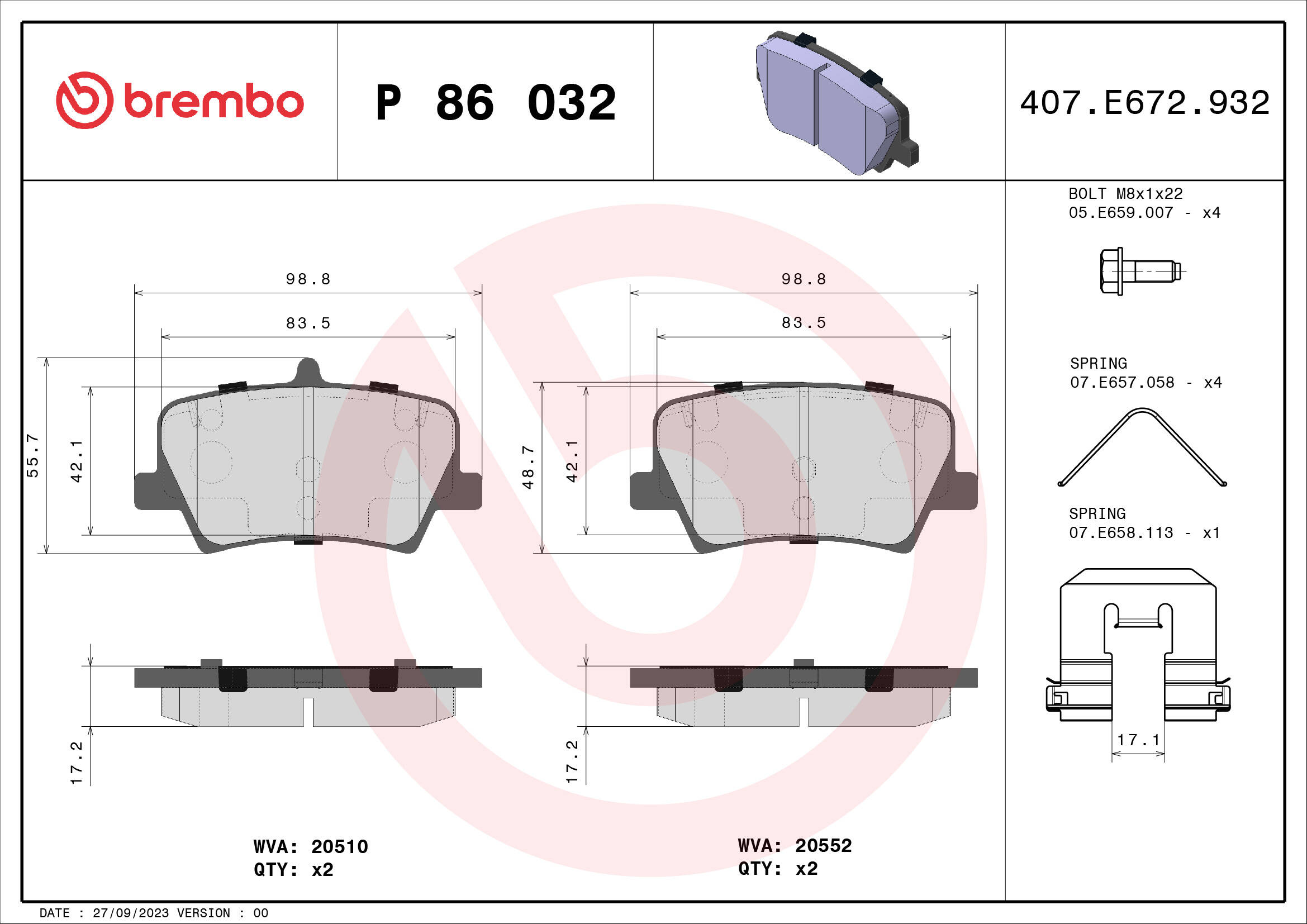 Rear brake pad set