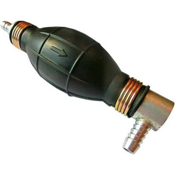 Pump priming bulb with angled outlet