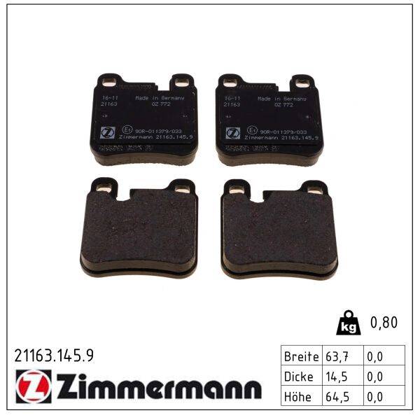 Rear brake pad set